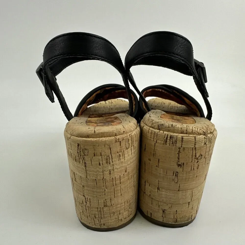 Korks Calda‎ Platform Sandal Black Leather Ankle Buckle Strap Cork Heel Womens 7